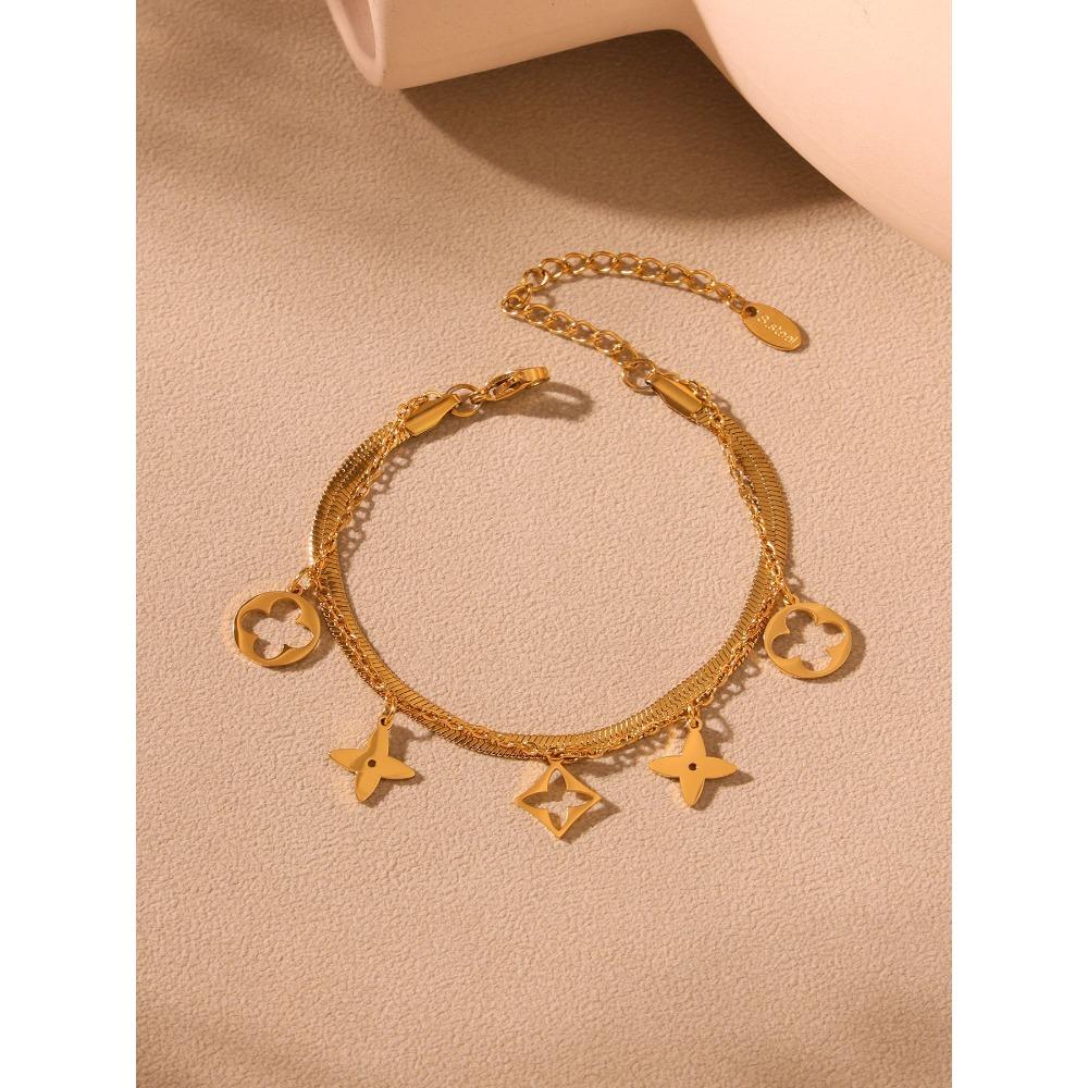 

Титановый стальной двухслойный четырехлистный клеверный браслет на щиколотку, женский простой темпераментный легкий роскошный летний пляжный браслет на щиколотку