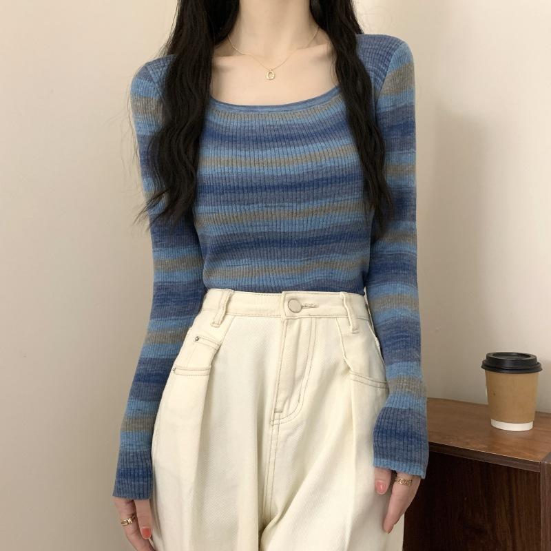 Contrasting Striped Square Neck Knitted Bottom Shirt Women's Spring Slim Skinny Inner Top Versatile Sweater