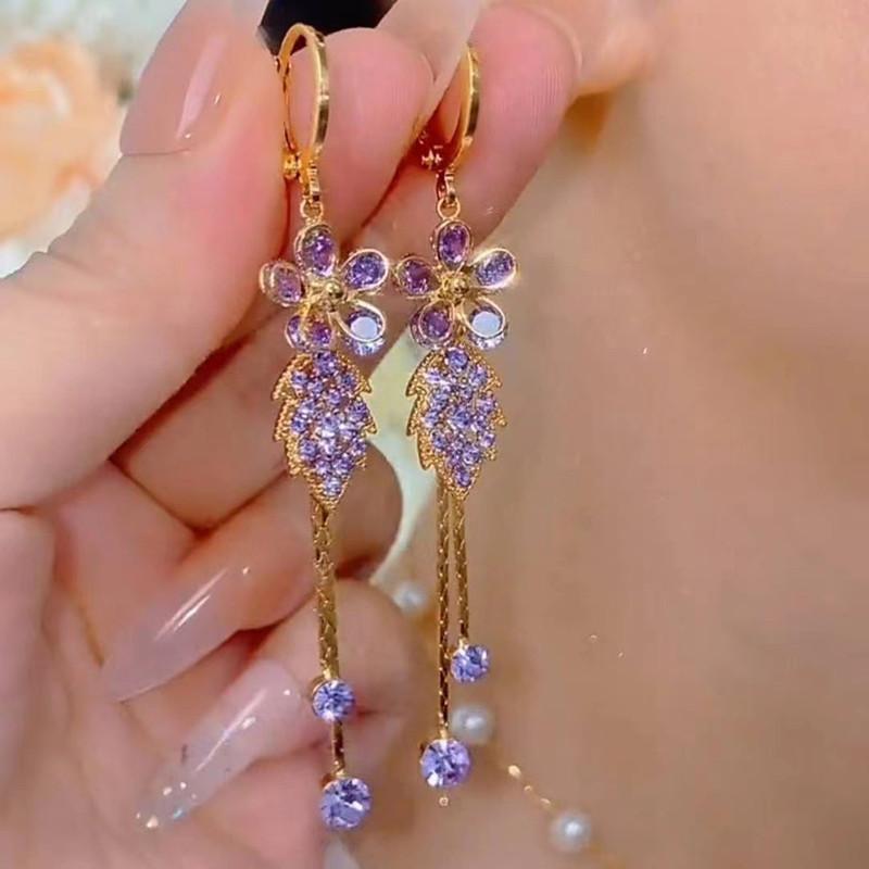 Exquisite Purple Zircon Flower Leaves Long Tassel Earrings For Women Fashionable Daily Accessory Party  Birthday Gifts