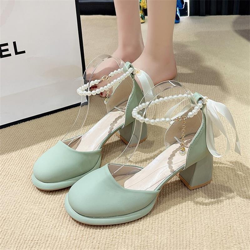 

Туфли Мэри Джейн в сказочном стиле на высоком каблуке женские летние 2024 года, новые босоножки с жемчужным темпераментом в тон юбке и толстым каблуком 40 зелёный