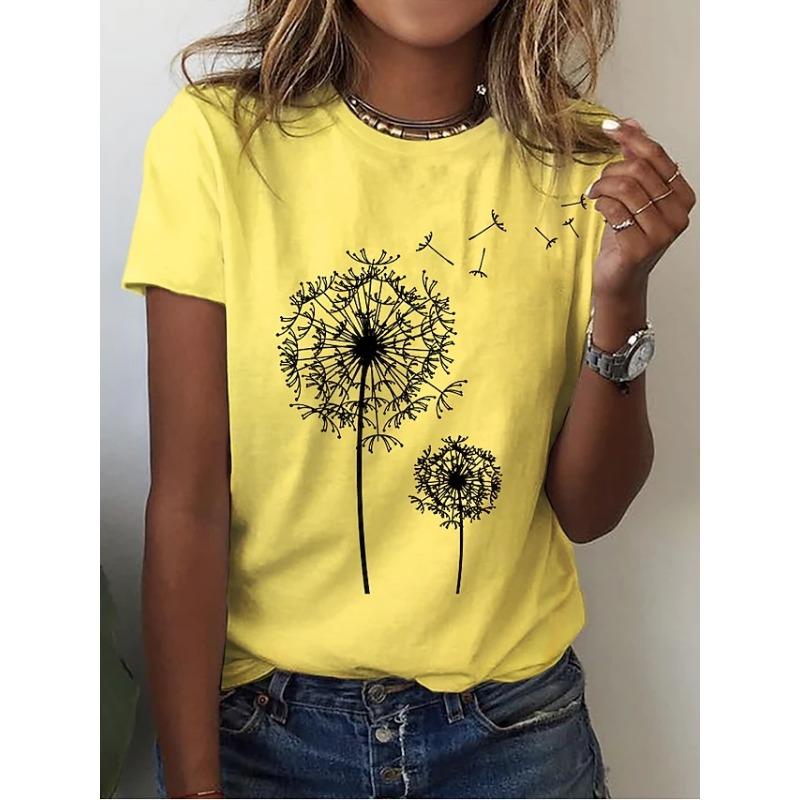 Sommer Rundhals 3D Löwenzahn Print Top Modische Lässige Kurzarm Damen T-Shirts
