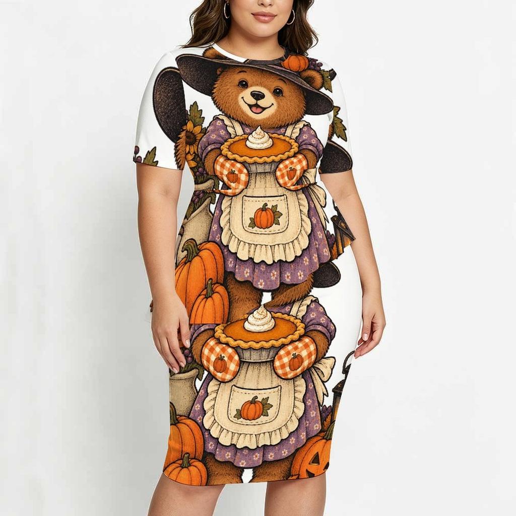 Women Plus Size Round Neck Short Sleeve Cute Bear Pumpkin Printed Asymmetric Top Fitted Skirt Two Piece Set