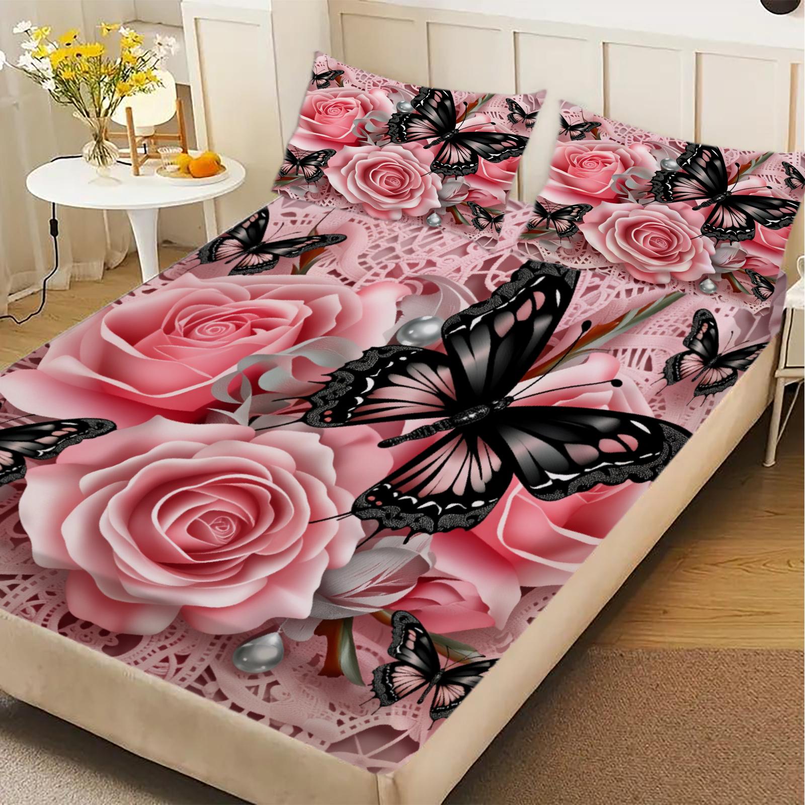 Rose And Butterfly Printed Fitted Sheet Set Pink Floral And Insect Pattern With Pillowcases For Bedroom Decor 99x190x25cm