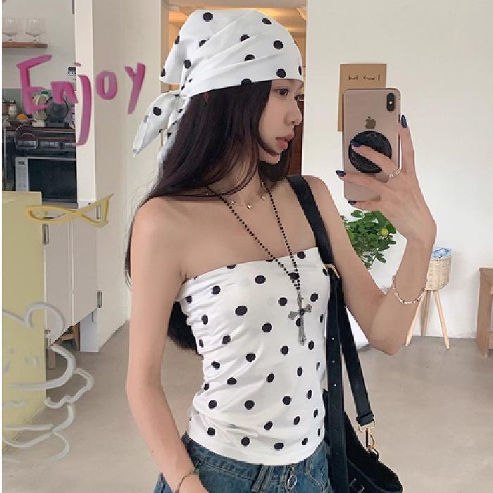 Retro Polka Dot Off-Shoulder Bandeau Top – Slimming Casual Style for Trendy Women