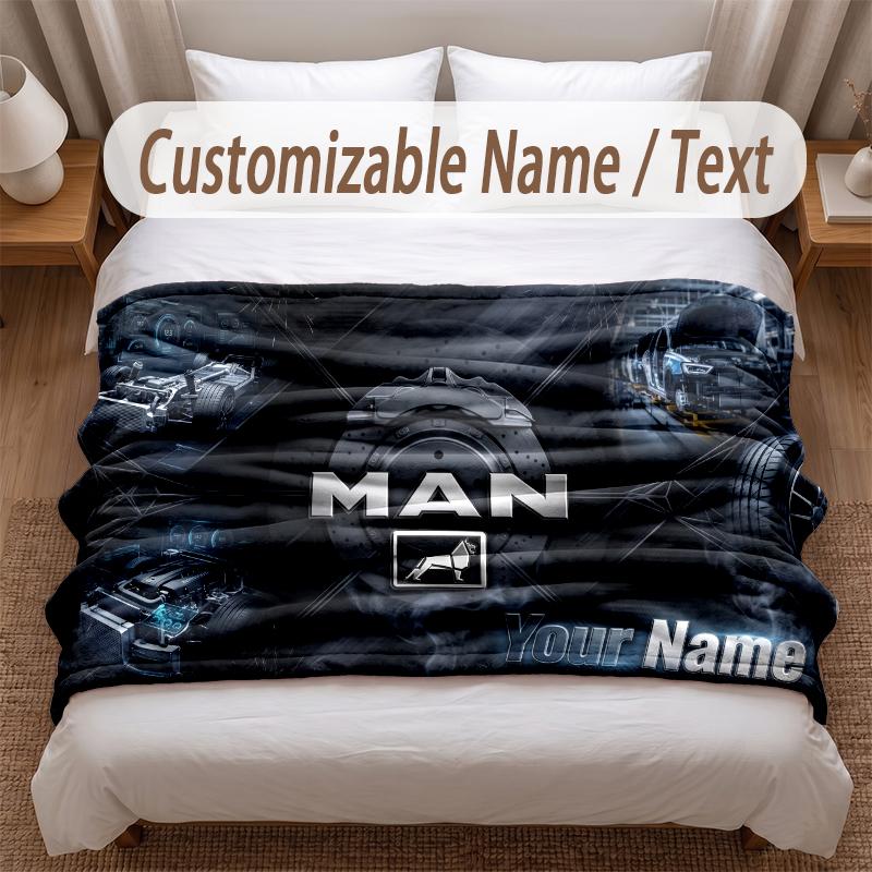 MAN Truck Printed Flannel Blanket Custom Name Text Soft Warm Throw For Bedroom Holiday Gift