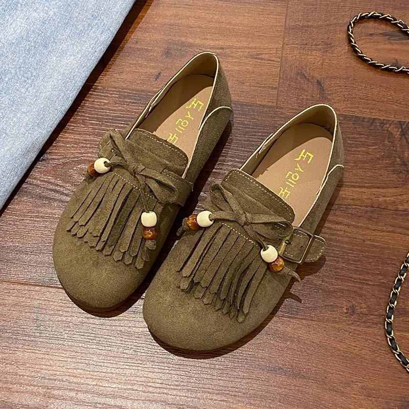 Cow Suede Round Toe Flats Spring/autumn Slip-on Women's Shoes On Sale 2025 New Solid Butterfly-knot Tassel Women's Shoes