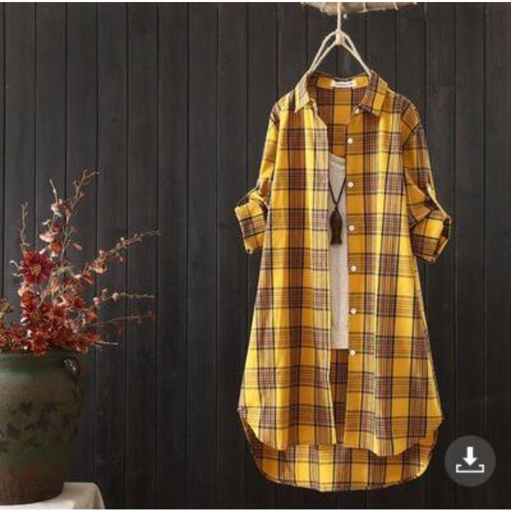 Women's Point Collar Long Sleeve Plaid Blouse Loose Fit Casual Cotton Tunic Shirt Outerwear