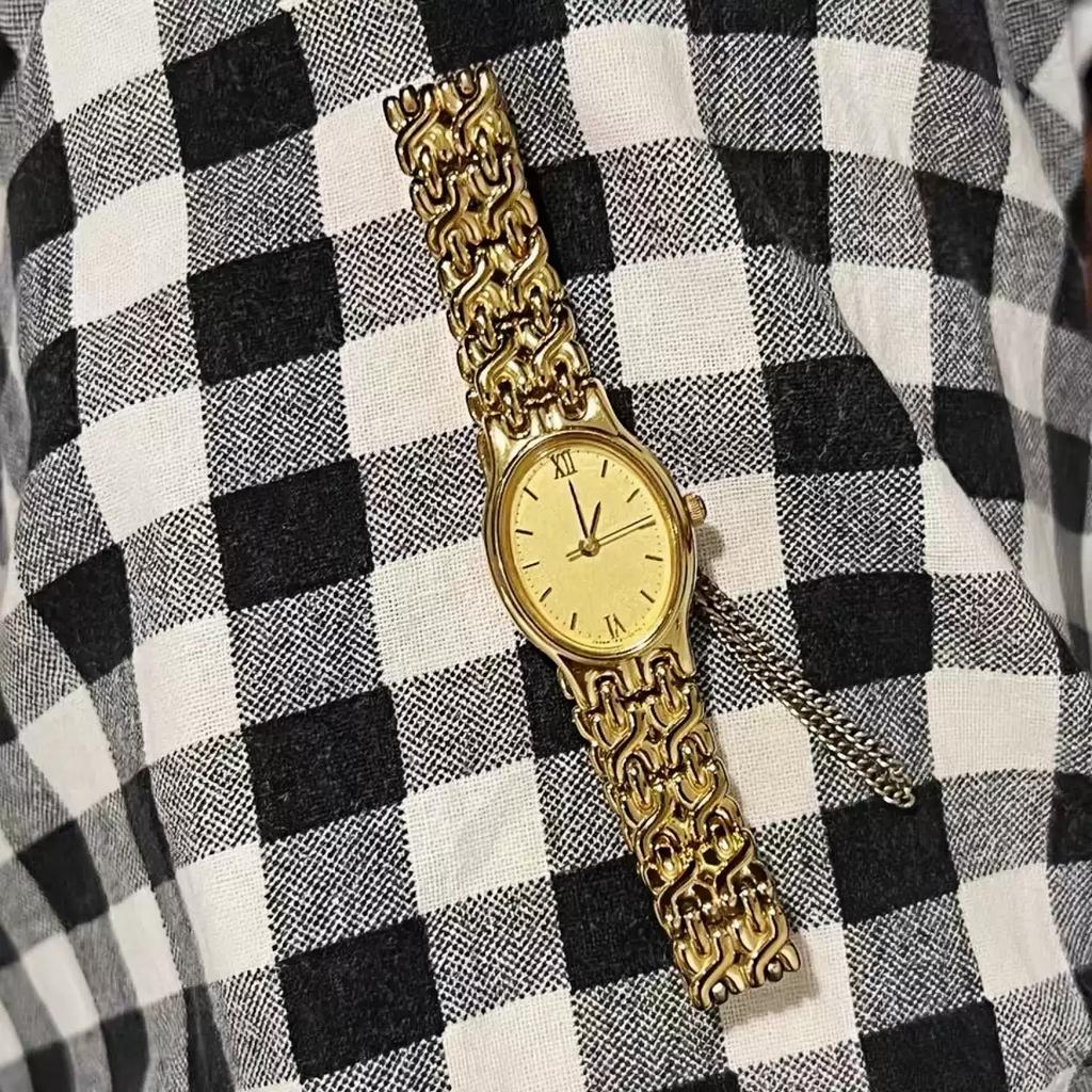Vintage Elegant Women's Quartz Watch Gold Plated Oval Dial Luxury Chain Bracelet Ladies Wrist Watch