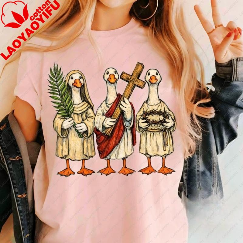 

Easter Goose Farmer Easter Christian Faith Geese Bunny Egg Shirt He Is Risen Harajuku Graphic T Shirts Women Clothes Y2k Tops S