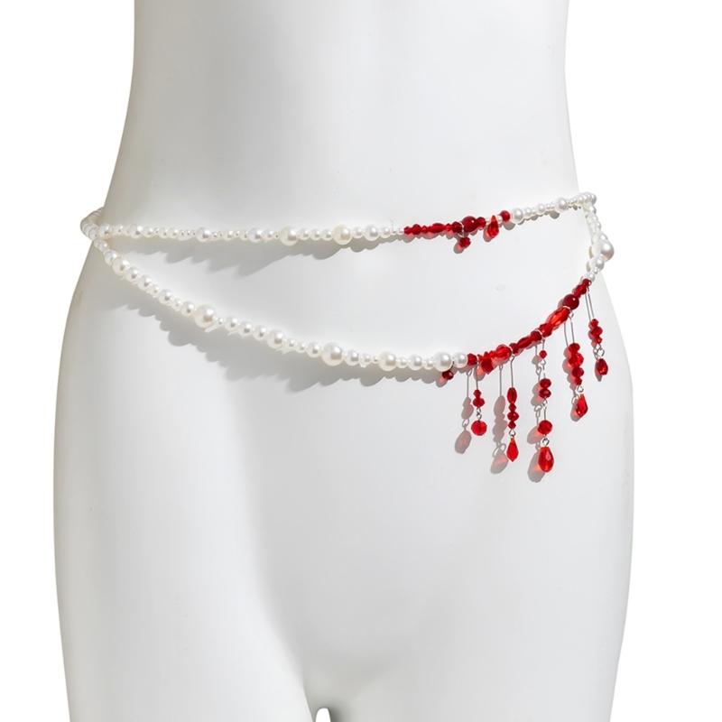 Gothic Blood-Stained Imitation Pearls Foot Ornament Novel Halloween Blood Drop Tassels Body Waist Chain for Women Girls
