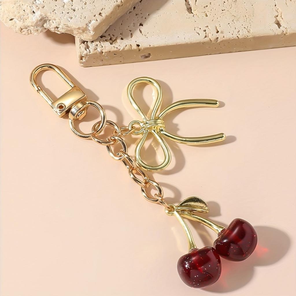 1pc Unisex Red Cherry Shaped Keychain With Fashionable Bow Pendant, Luxury Handbag Key Ring Accessory For Mother's Day Eid al Ad