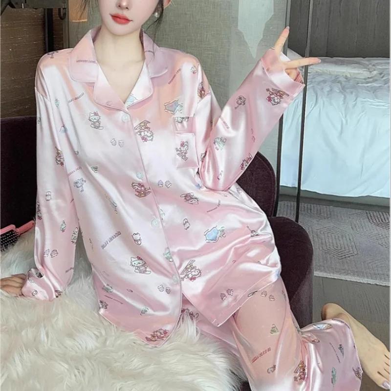 Women's Pajamas Autumn Ice Silk Long Sleeve Pants Two-piece Lapel Homewear Silk Pajamas Women