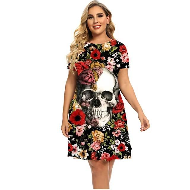 Women Round Neck Short Sleeve 3d Print T-shirt Dress Midi Length Summer Beach Wear