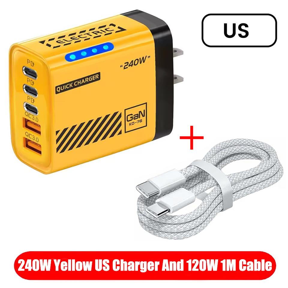 5 IN 1 GaN Desktop Charger For IPhone17 16Pro Laptop Samsung 240W Fast Charging Adapter USB C To Type-C Cable 3PD 2USB Charger