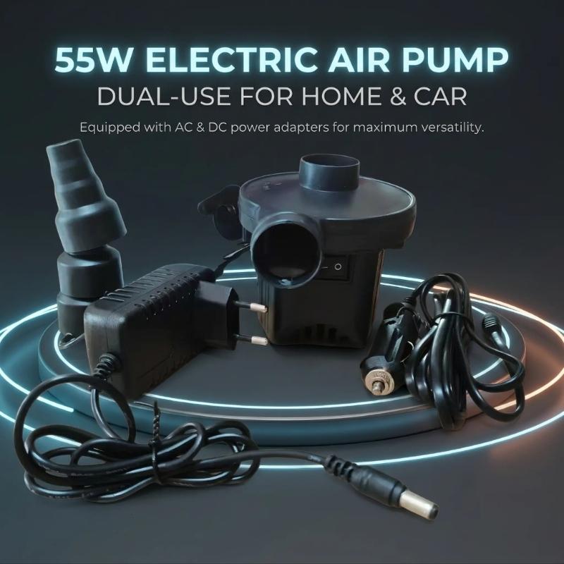 55W Electric Air Pumps with Separate Inflate and Deflate Ports, EU Plug, 12V Vehicle Power Plug, and 3 Nozzles for Fitting Valves