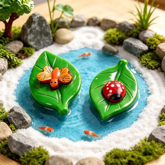 5 Pcs Mini Green Leaf Insect Figurine Tiny Ladybug Bee Worm Ornament for Car Interior Office Desk Decor Fairy Garden Micro Landscape