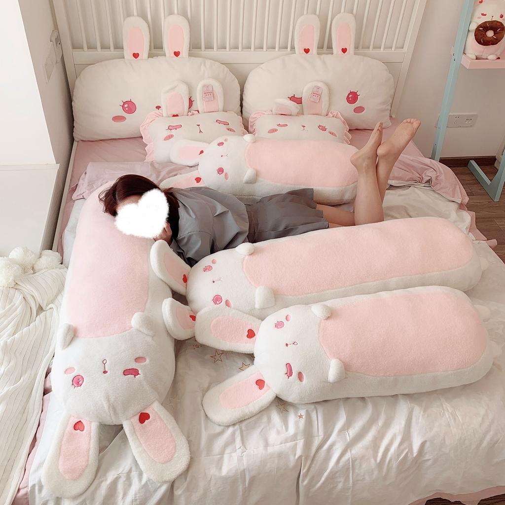 Soft Lolita Bunny Long Throw Pillow Stuffed Cartoon Cute Winkle Eyes Rabbits Speeping Leg Pillow Nap Pillow For Girl Birthday