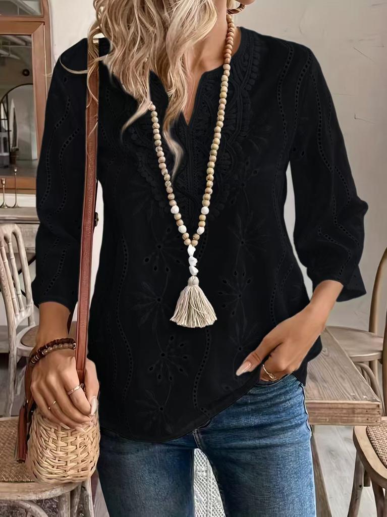 Women's V Neck 3/4 Flare Sleeve Hollow Eyelet Embroidery Blouse Loose Boho Lace Cutwork Top