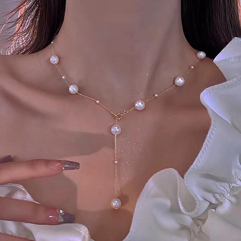 Beads Chain Kpop Pearl Choker Gold Color Long Necklace Goth Fashion Jewelry On The Neck Pendant Collar Gifts For Women