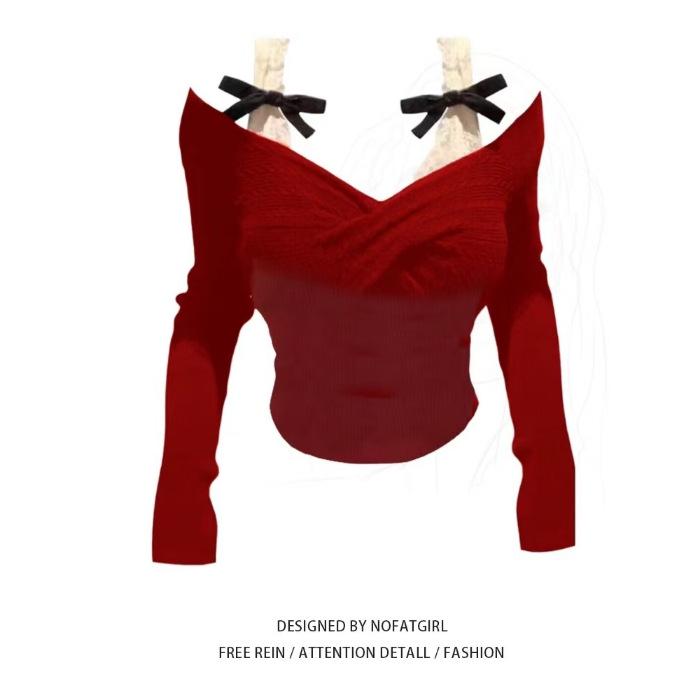 

Pure Desire Lace One-Shoulder Slimming Top for Women, Autumn/Winter Long-Sleeve Faux Two-Piece Large червоний