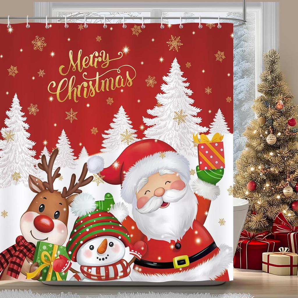 Weihnachtsduschvorhang, niedlicher Weihnachtsmann, Rentier, Schneemann, winterliche Badezimmerdekoration, Polyestergewebe, wasserdicht