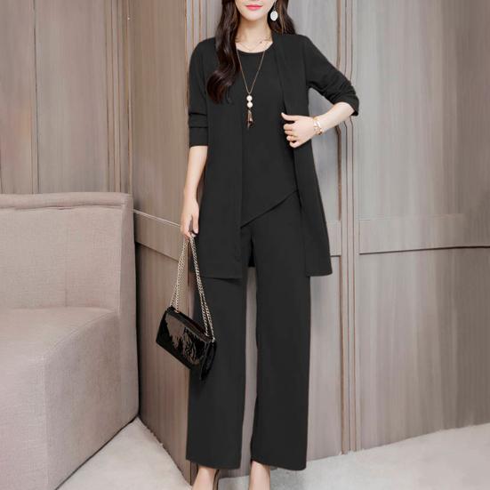 3Pcs/Set O-neck Sleeveless Lady Outfit Irregular Hem Elastic Waistband Pockets Vest Top Wide Leg Pants Mid-length Coat Set