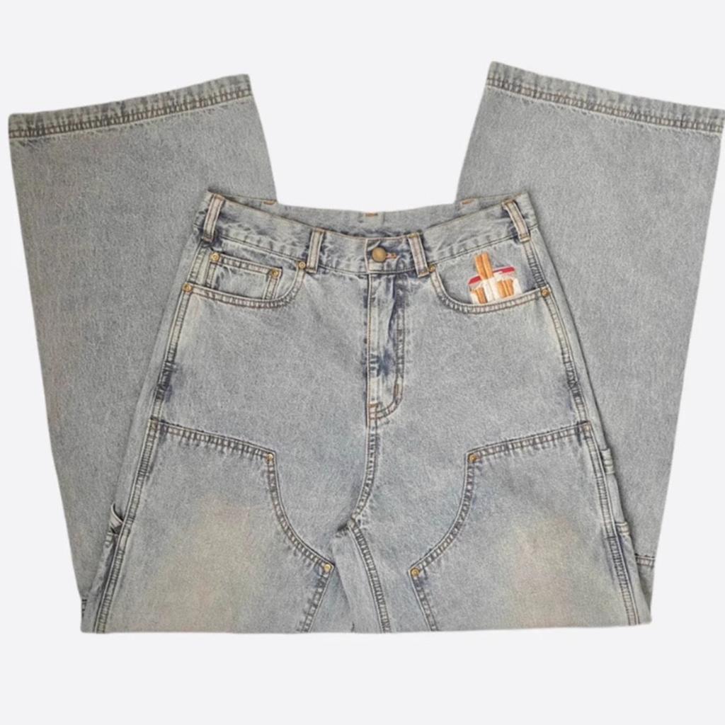 BeatStreet Neue Y2K Gothic Punk Amerikanischer Retro Punk Bestickte Jeans Herren Gewaschen Altbraun Locker Gerade Weite Beine Modische Jeans