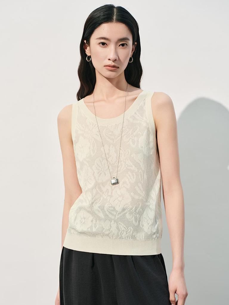 Elegant Women's Silk Jacquard Sleeveless Knit Top - High-Quality Summer Style