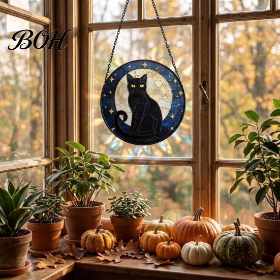 Witchcraft Aesthetic Room Decor Halloween Moon Black Cat Suncatcher Jigsaw Puzzle, 2D Acrylic Mystical Feline Window Hanging Decor, 7.87 Inch