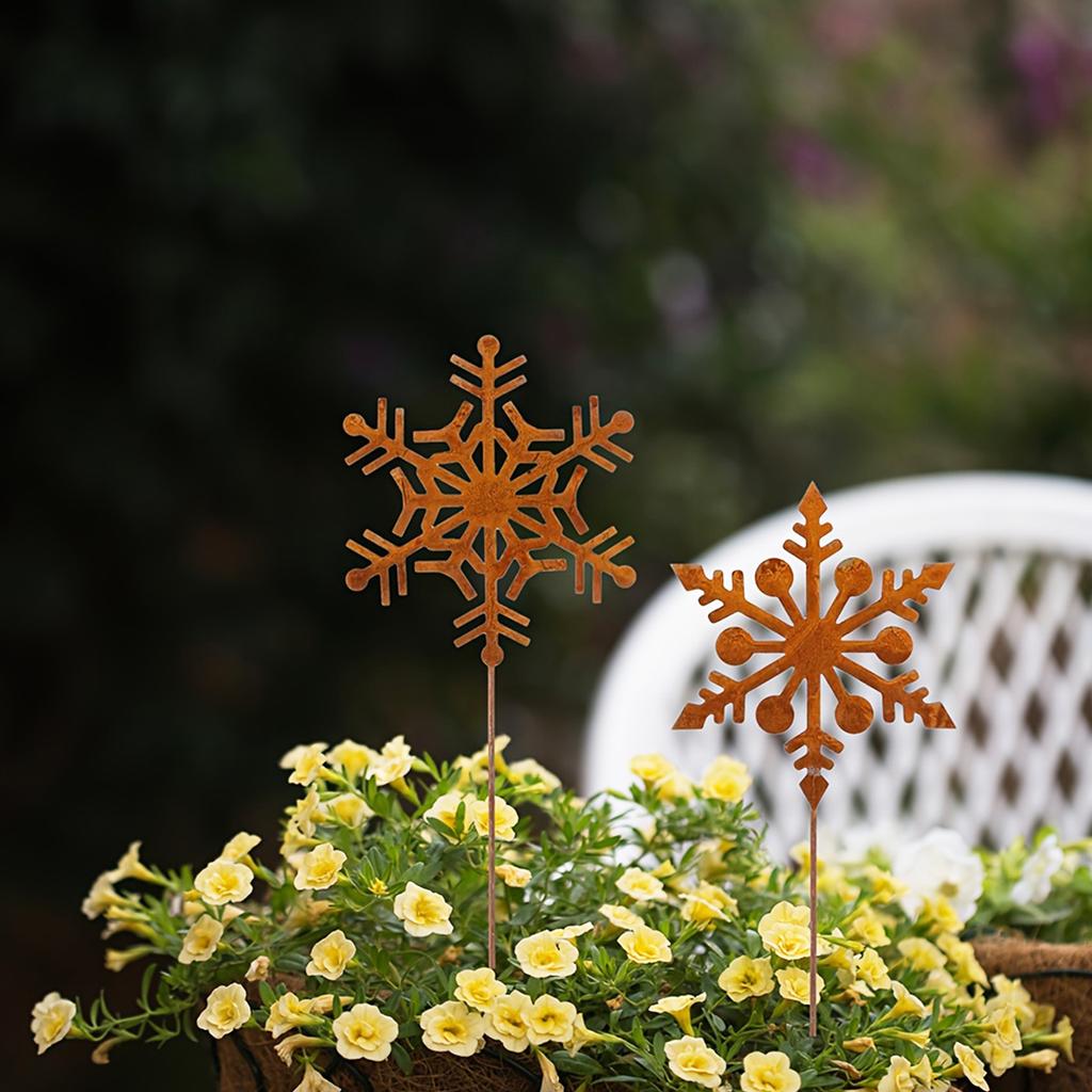 2-Piece Wrought Iron Snowflake Garden Decoration Stakes, Winter Decoration, Rust-Colored Christmas Decoration, Flower Pots, Bonsai Christm
