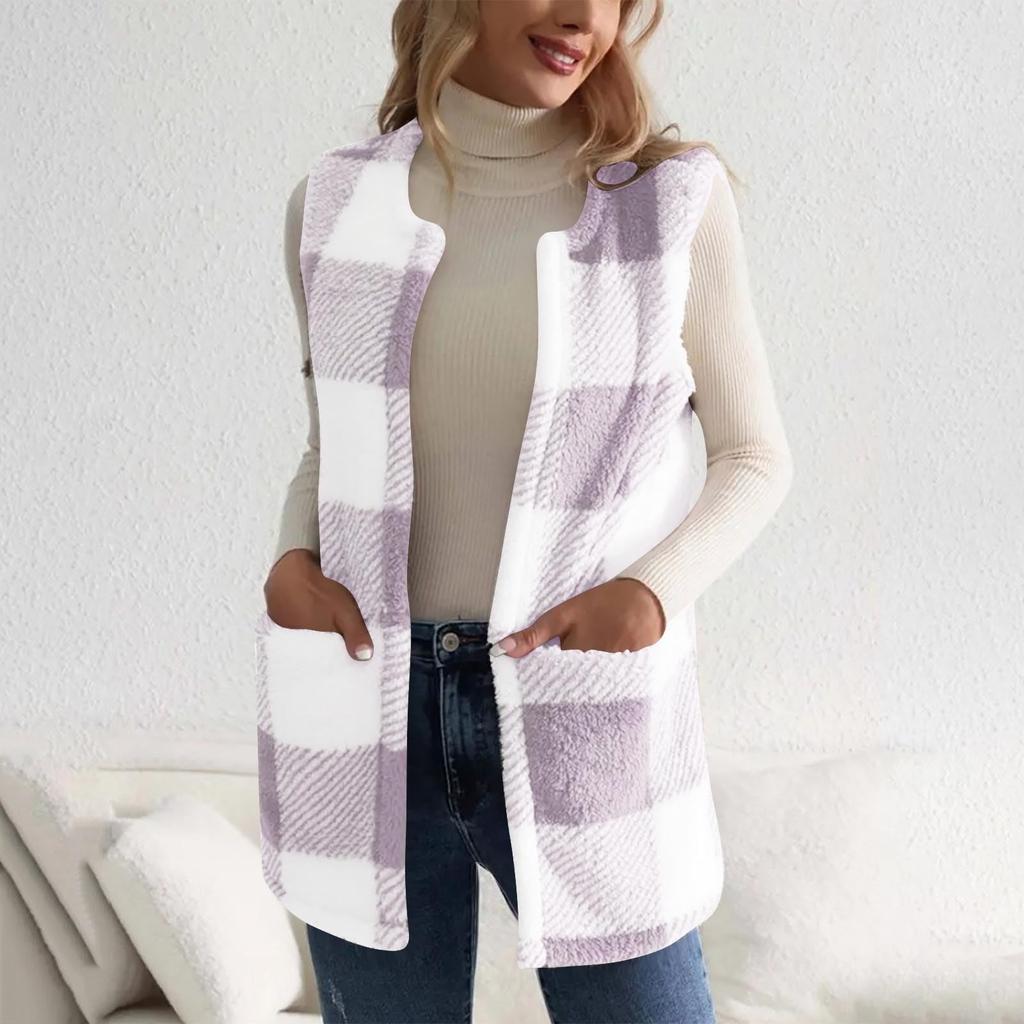 Plaid Fleece Vest For Women  Fall Winter Fuzzy Thermal Warm Sleeveless Jacket Trendy Outwear