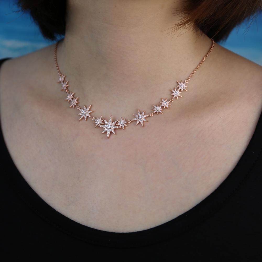 High Quality Iced Out Bling Sparking Clear Cubic Zirconia CZ Paved Star Starburst Charm Choker Necklace For Women