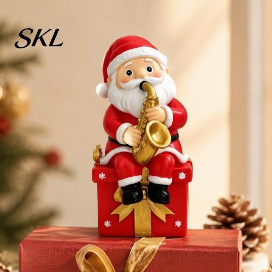 Sitting Santa Desktop Decoration Christmas Singing Claus Figurine,Cartoon Saxophone Resin Cartoon Sculpture Statue, Festive Xmas Decor