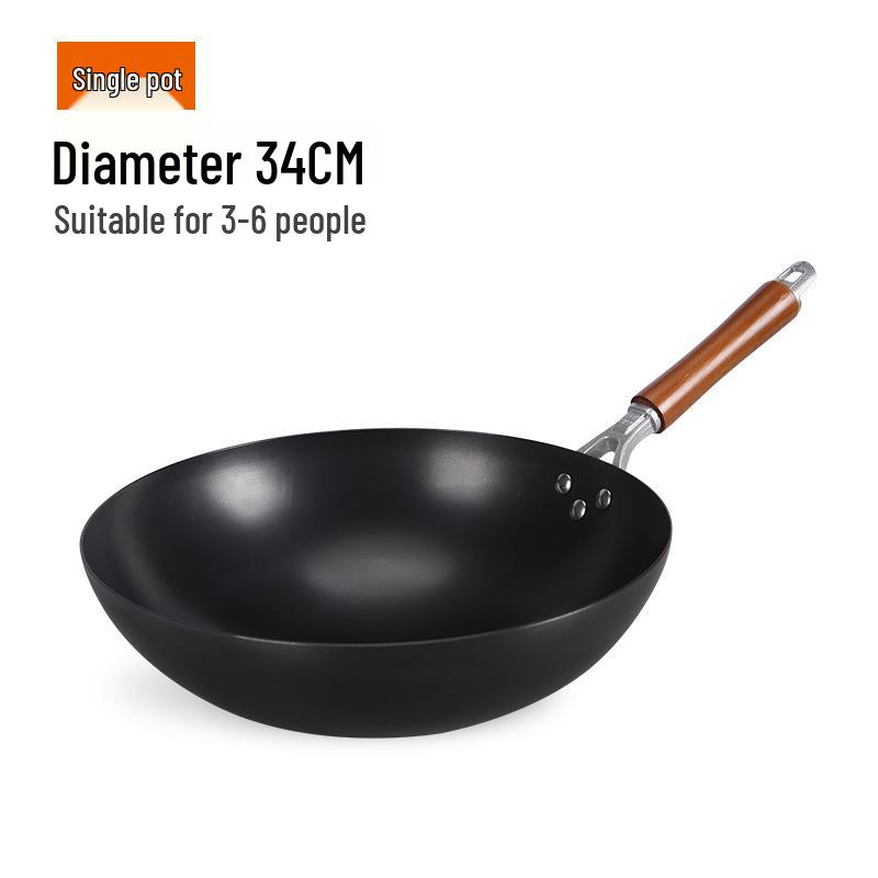 Old-Fashioned Non-Coated Cast Iron Wok, Round Bottom, Non-Slip, Non-Stick, Gas Stove Compatible, Nitrided Fine Iron.