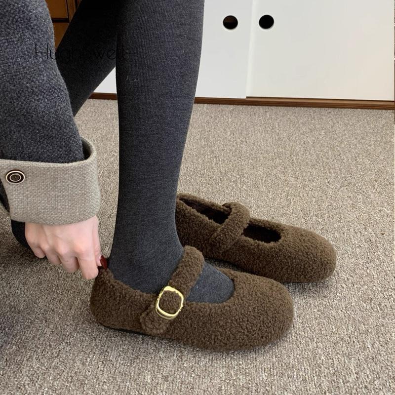 Fashion Elegant Round Toe Lambswool Ballet Flats Woman Winter Warm Plush Loafers Ladies Brand Design Teddy Fur Mary Jane Shoes In Grey