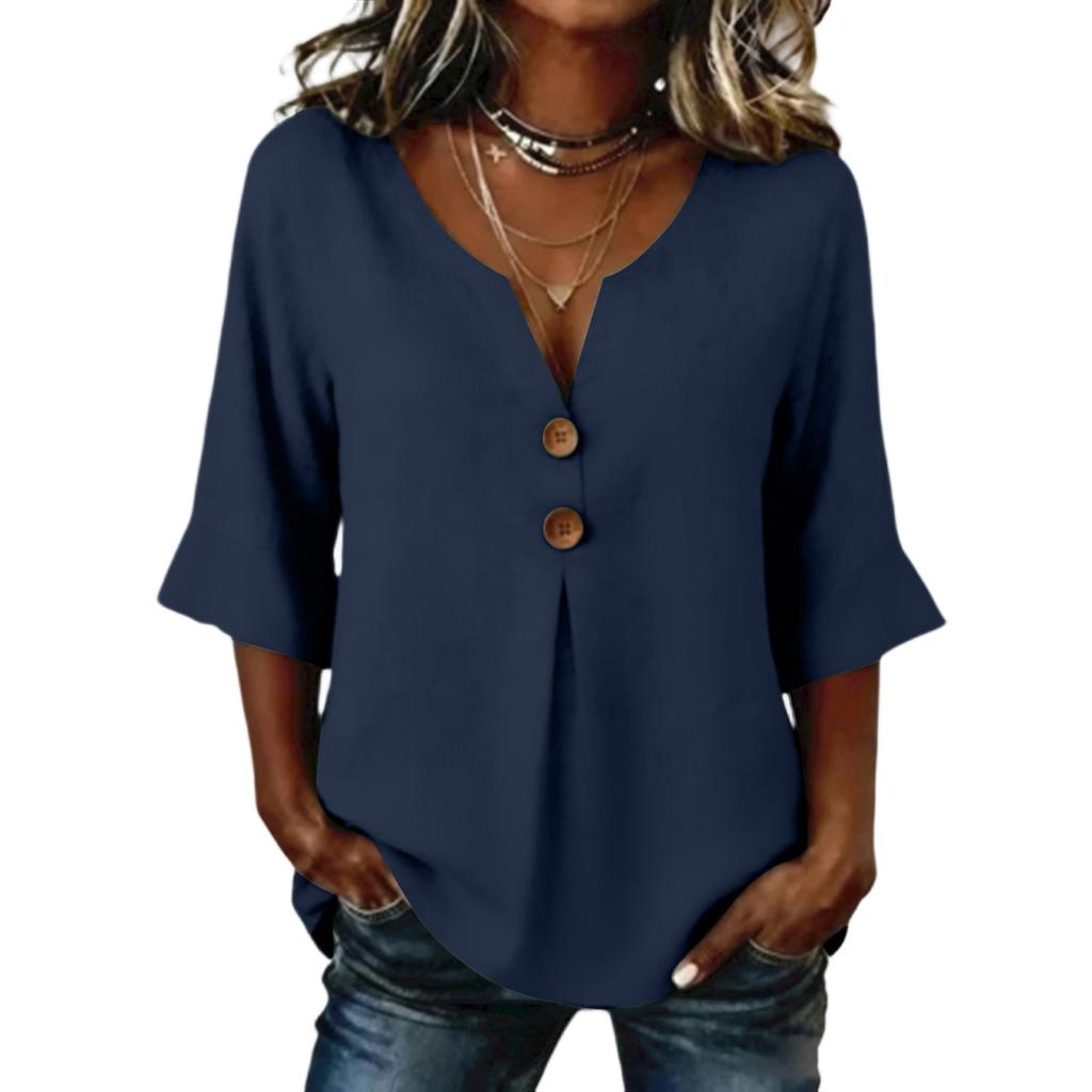 Women's Color Loose Casual Cotton Linen V-neck Fashionable Mid Sleeved Shirt Top
