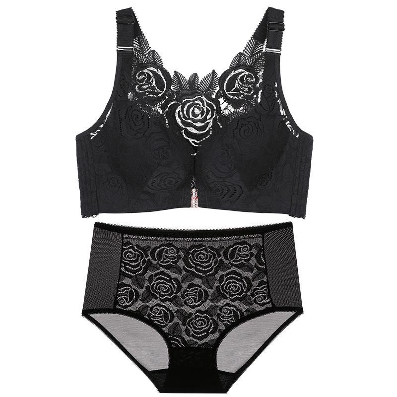 Front Buckle Rose Beautiful Back Plus Size Bra Set Big Breasts Small Gathering Underwear Women's Upper Support Adjustable Bra