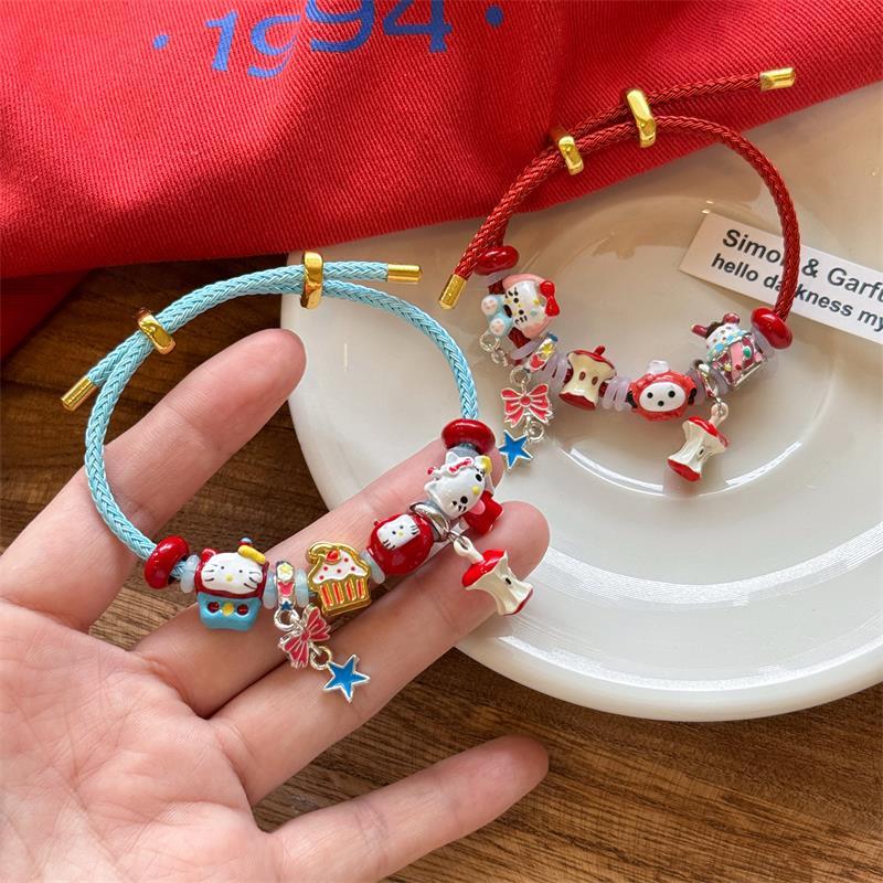 Brățară drăguță Sanrio Hello Kitty Fundă Măr Pandantiv Kt cu mărgele Cadouri de ziua de naștere Accesorii trendy girly Ajustabilă