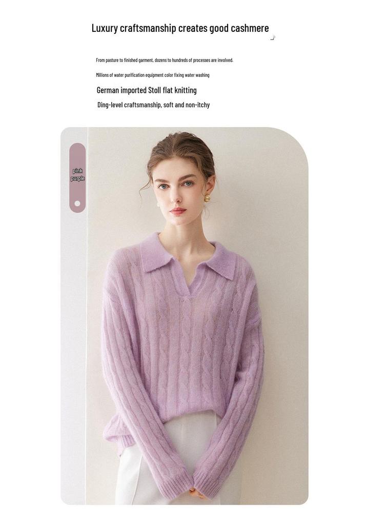 Women's Velvet Polo Collar Sweater: 75% Cashmere, 25% Mulberry Silk, Long Sleeve, Thin Knitted Style