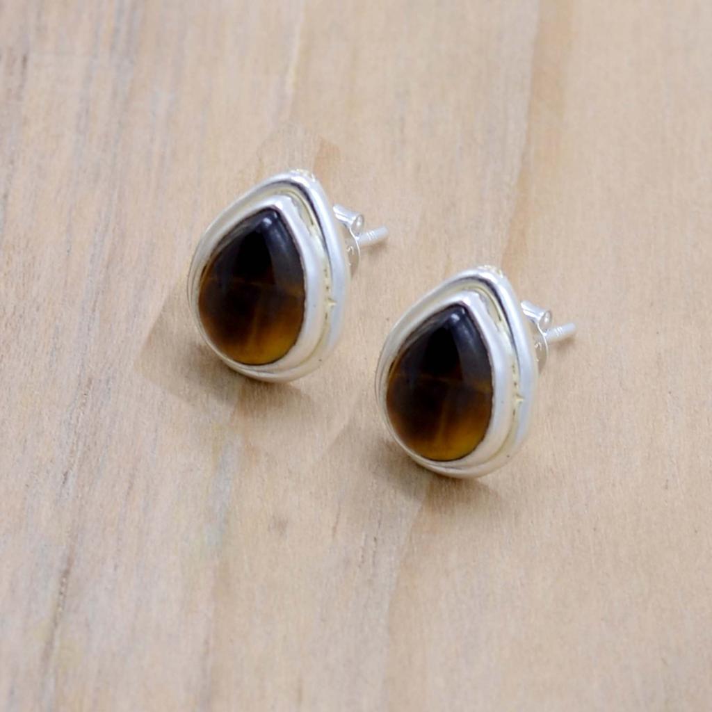 Tiger Eye Tear Drop Silver Stud Earrings For Woman, Natural Crystal Gemstone & Sterling Silver Handmade Aesthetic Jewelry, Bridesmaids Gift