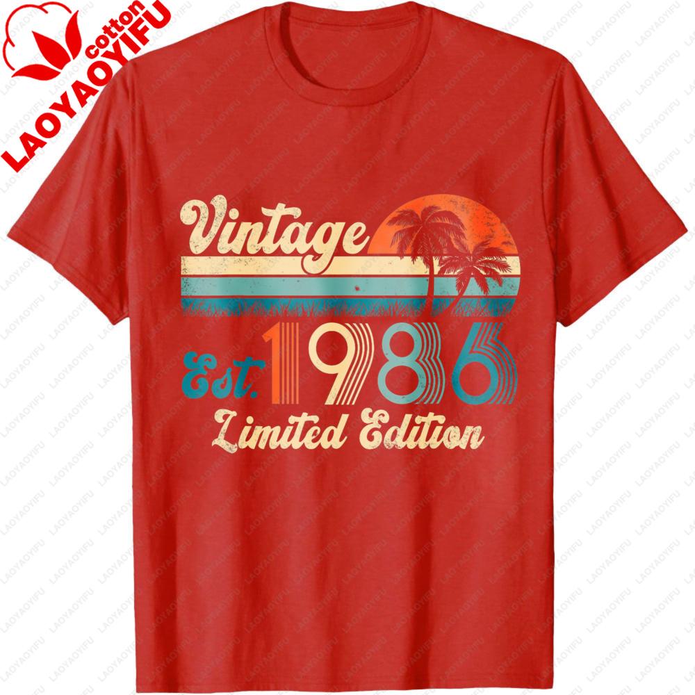 Vintage 1986 Est Limited Edition Summer Unisex TShirt Retro Palm Tree Sunset Design Casual Style Shirt Birthday Party Casual Tops S