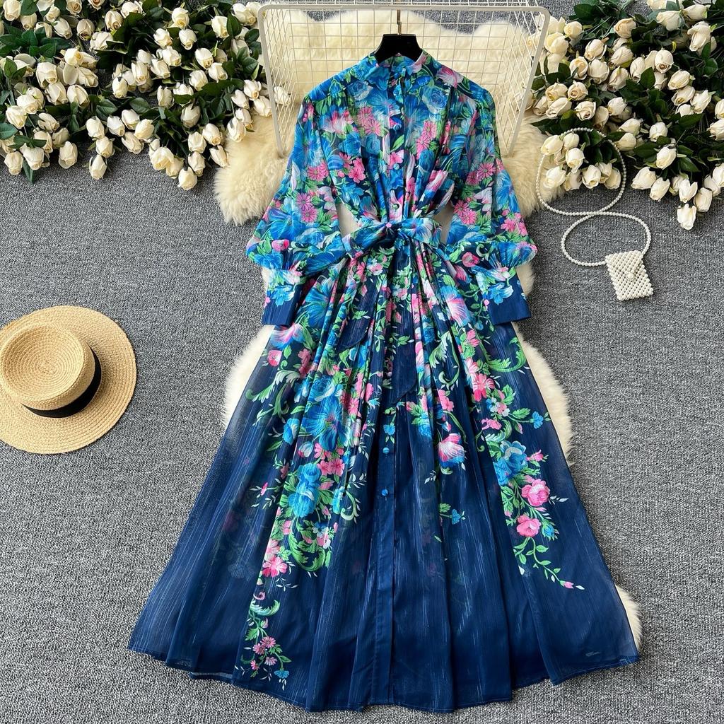 Autumn Long Sleeve Floral Maxi Chiffon Dress Women Print Dresses A Line Loose Big Size Single Breasted Elegant Party Dresses