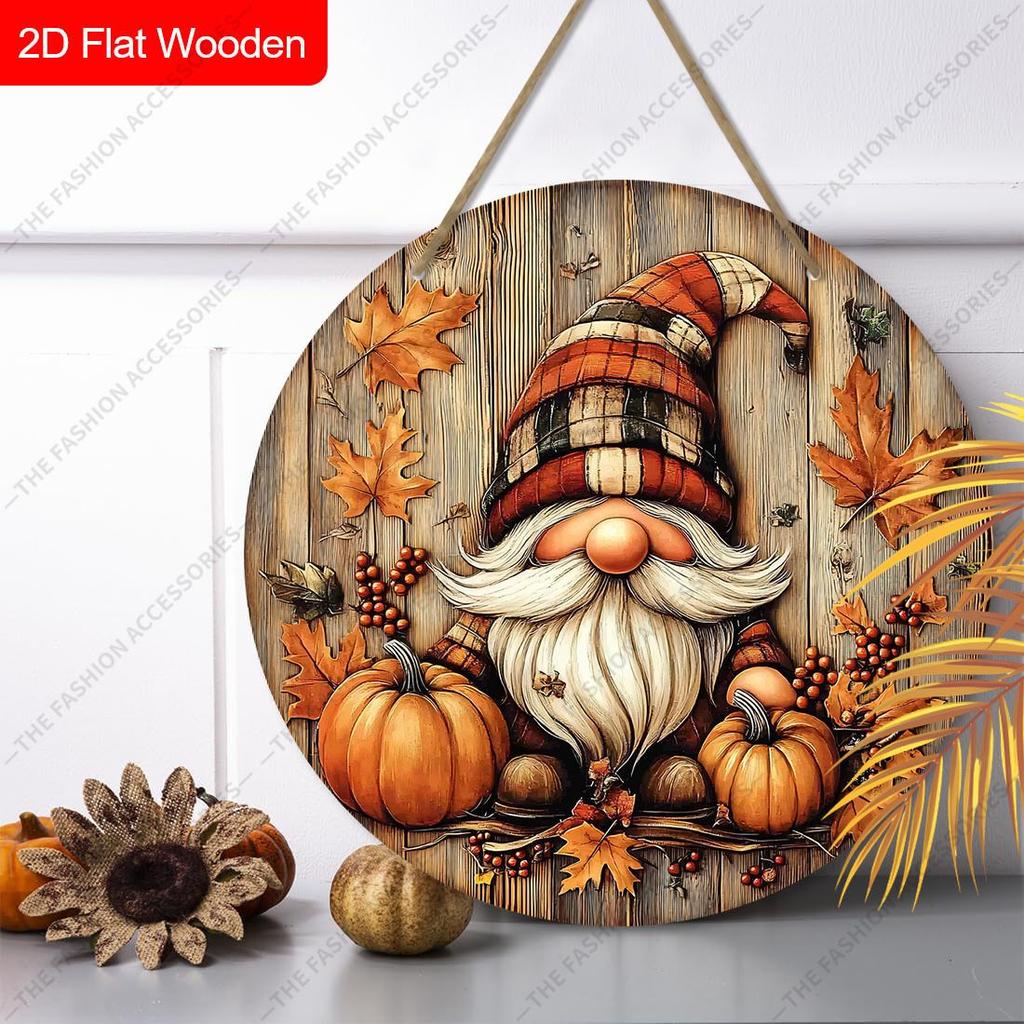 Plaid Gnome Pumpkin Round Wooden Hanging Sign, Autumn Door Wall Decor