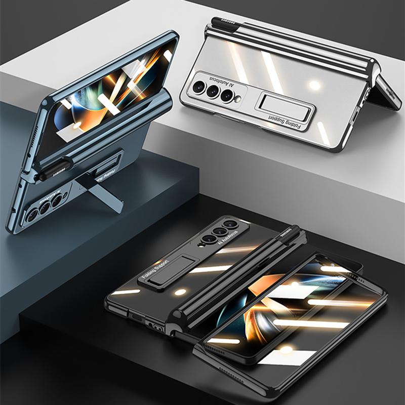 Plating Magnetic Hinge Pen Slot Case For Samsung Galaxy Z Fold 4 Cover Clear Bracket Cover For Z Fold4 5g