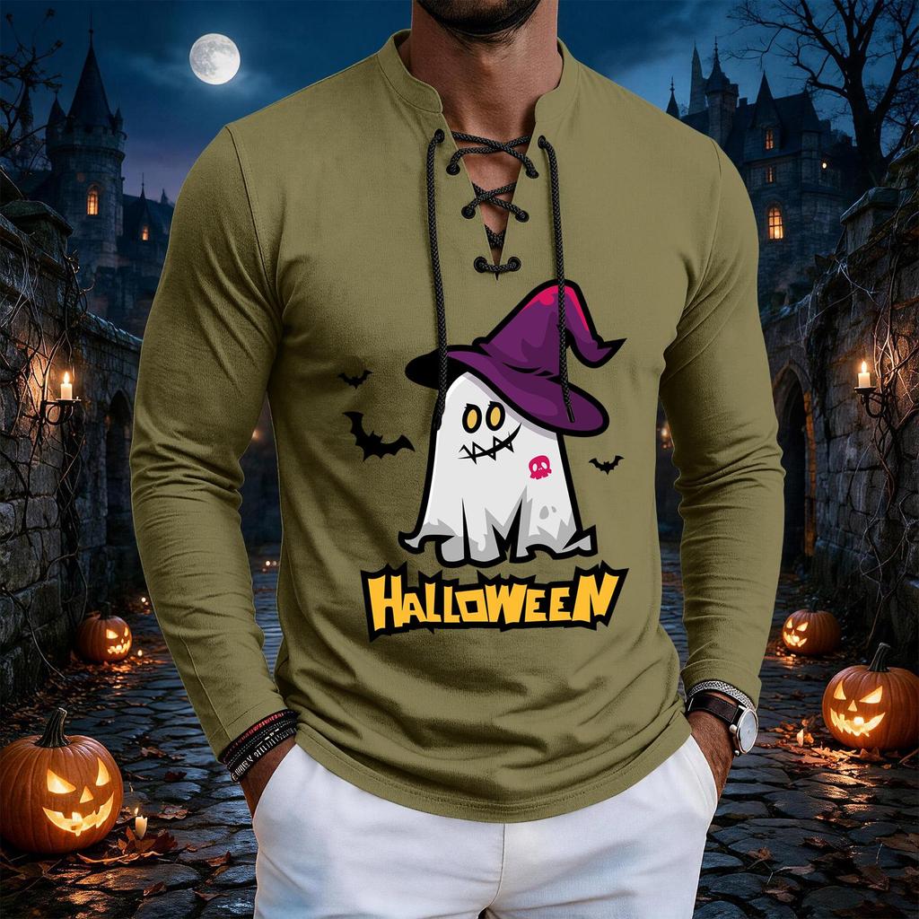 Men's Vintage Halloween Print Lace-Up Long Sleeve T-Shirt