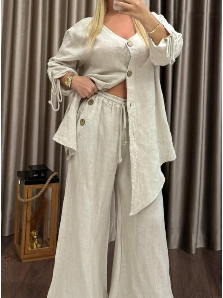 Women's V-Neck Button Down Cardigan and High Waisted Wide Leg Pants Set, Long Sleeve Tie Waist Top with Pockets, Solid Color Casual Loungewear