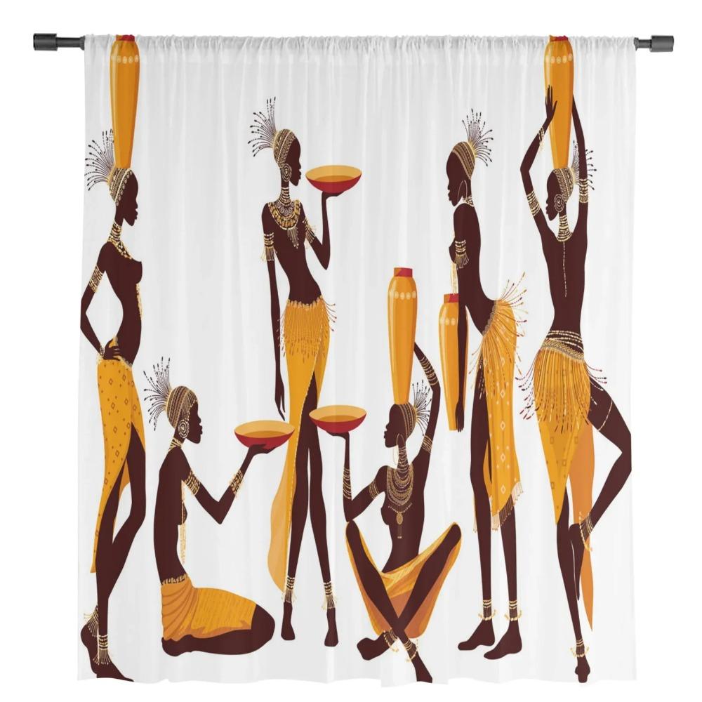 African Woman Yoga Vase Silhouette White Tulle Sheer Window Curtains for Living Room Bedroom Voile Organza Curtains Drapes