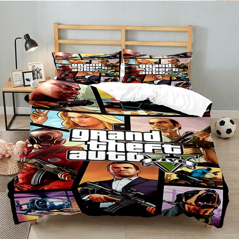 3PCS Theft Auto Bedding Set Printed Duvet Cover Closure Includes 1 Duvet Cover & 2 Pillowcases for All Seasons Bedroom Decor