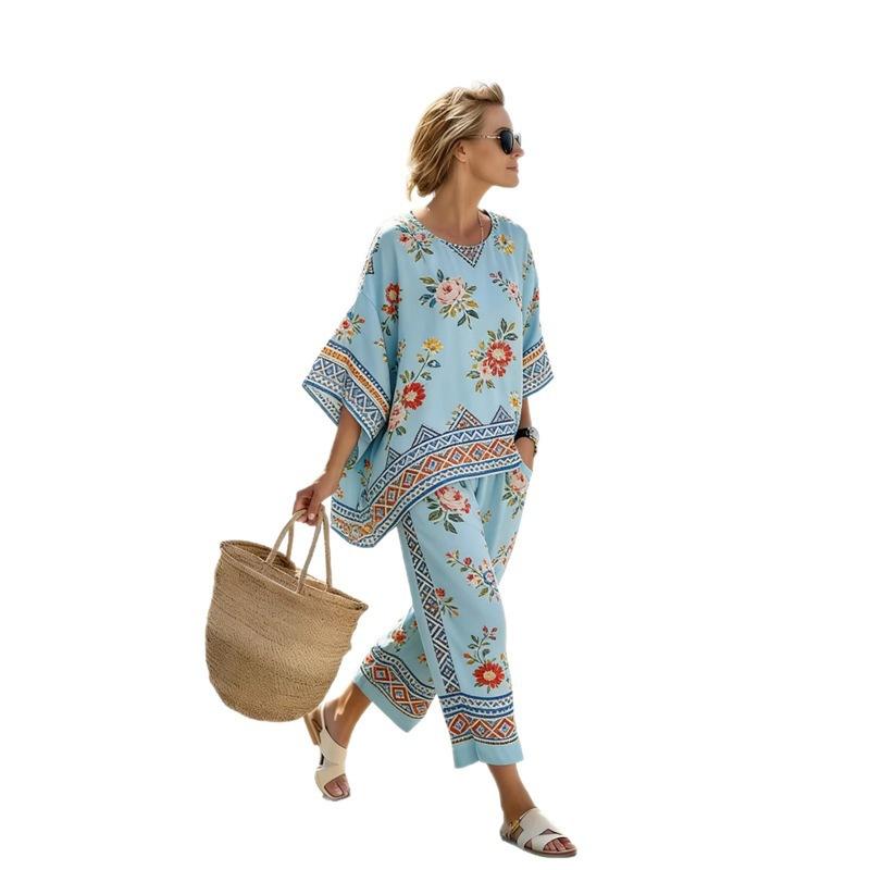 1116 European and American Bohemian Style Printing Suit Women's Loose Casual Shirt Wide-leg Pants Two-piece Set New