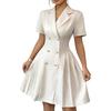 Ladies V-neck Fashion Color Double-breasted Waist Short Sleeve Dress